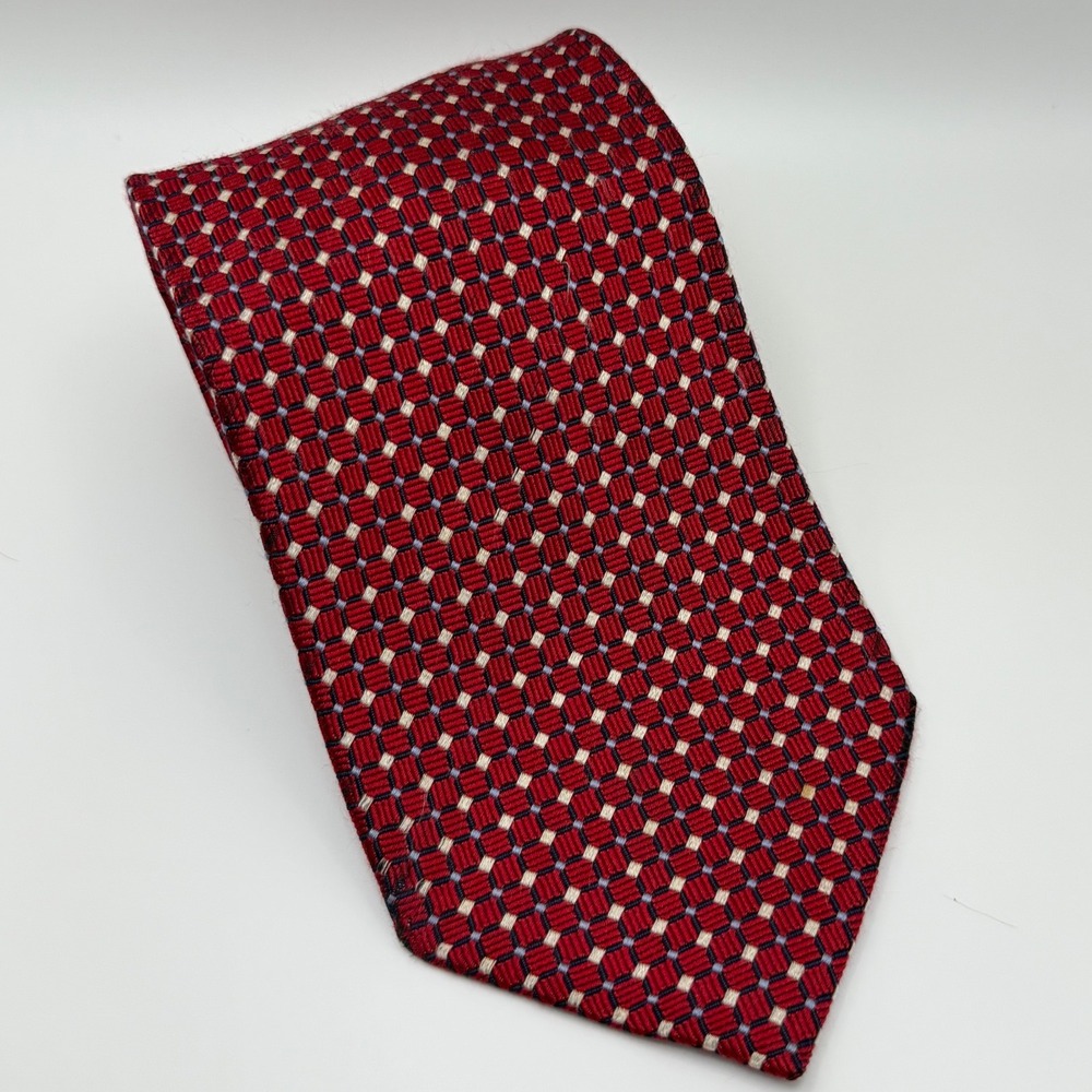 Roberto Villini Necktie 4" Red Silk Geometric Grid Professional Classic Preppy